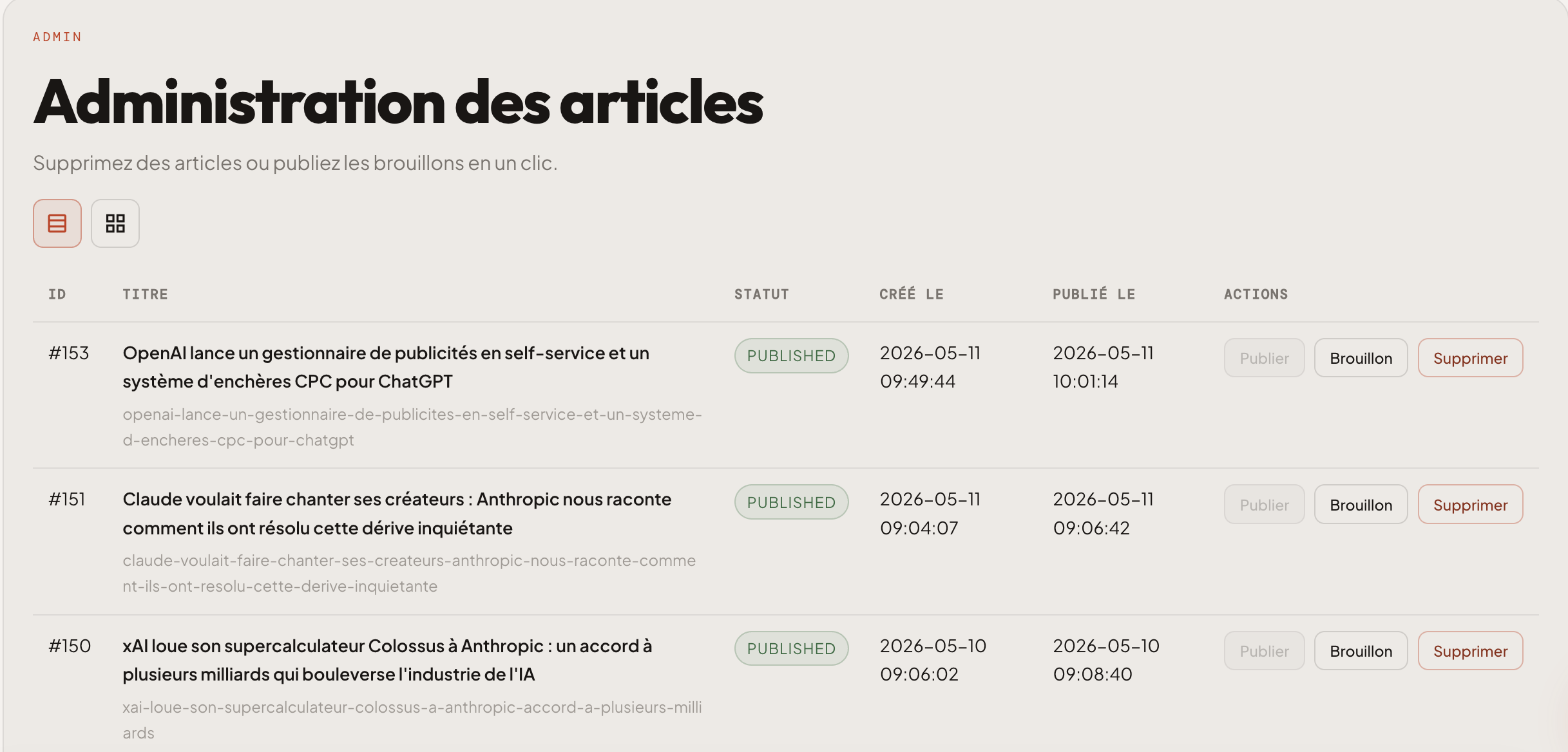 Brouillon généré dans le CMS